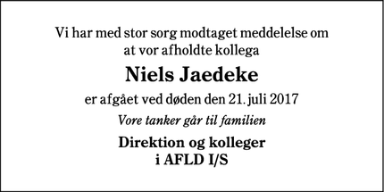 Dødsannoncen for Niels Jaedeke - Niels Jaedeke