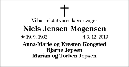 Dødsannoncen for Niels Jensen Mogensen - Haderslev