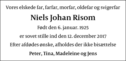 Dødsannoncen for Niels Johan Risom - København Ø