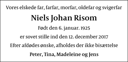 Dødsannoncen for Niels Johan Risom - København Ø