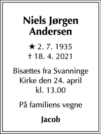 Dødsannoncen for Niels Jørgen
Andersen - København