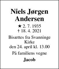 Dødsannoncen for Niels Jørgen
Andersen - København