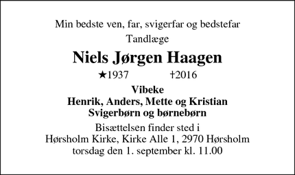 Dødsannoncen for Niels Jørgen Haagen  - Hørsholm