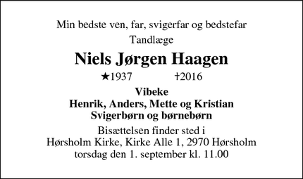 Dødsannoncen for Niels Jørgen Haagen  - Hørsholm