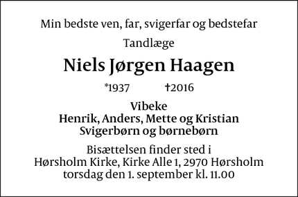 Dødsannoncen for Niels Jørgen Haagen  - Hørsholm