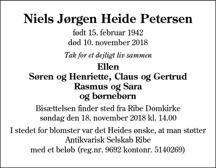 Dødsannoncen for Niels Jørgen Heide Petersen - Ribe