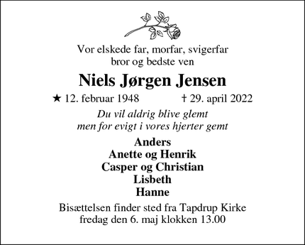 Dødsannoncen for Niels Jørgen Jensen - Tapdrup