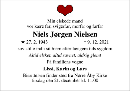 Dødsannoncen for Niels Jørgen Nielsen - Nørre Åby