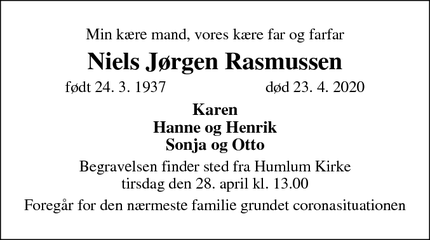 Dødsannoncen for Niels Jørgen Rasmussen - Humlum