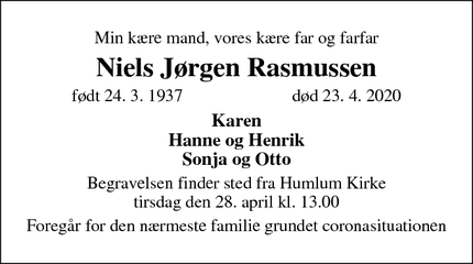 Dødsannoncen for Niels Jørgen Rasmussen - Humlum