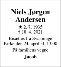 Dødsannoncen for Niels Jørgen
Andersen - København