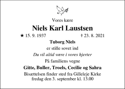 Dødsannoncen for Niels Karl Laustsen - Gilleleje