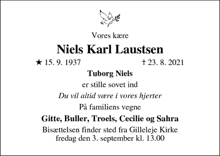 Dødsannoncen for Niels Karl Laustsen - Gilleleje