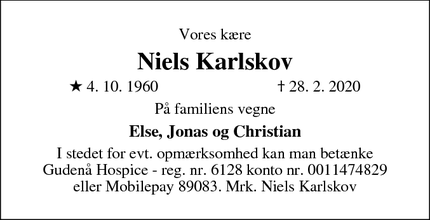 Dødsannoncen for Niels Karlskov - Juelsminde (Grindsted- Billund området)