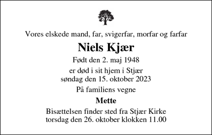 Dødsannoncen for Niels Kjær - 8462 Harlev j 