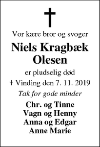 Dødsannoncen for Niels Kragbæk
Olesen - Holstebro