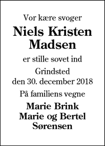 Dødsannoncen for Niels Kristen Madsen - Grindsted