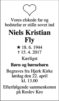 Dødsannoncen for Niels Kristian Fly - Vium