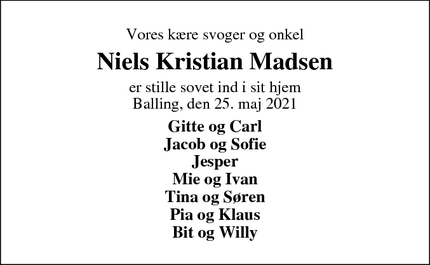 Dødsannoncen for Niels Kristian Madsen - Skive