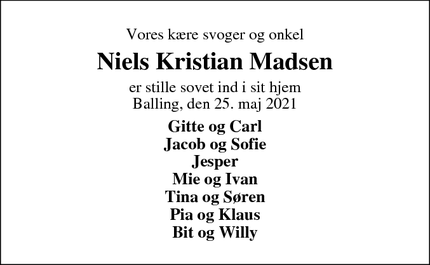 Dødsannoncen for Niels Kristian Madsen - Skive