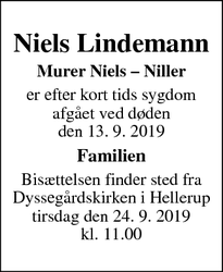 Dødsannoncen for Niels Lindemann - Copenhagen