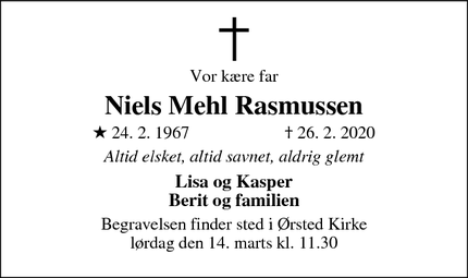 Dødsannoncen for Niels Mehl Rasmussen - Sorø