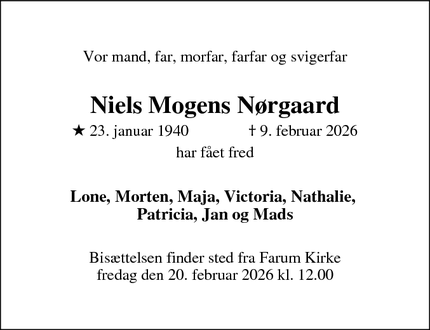 Dødsannoncen for Niels Mogens N&oslash;rgaard - Farum