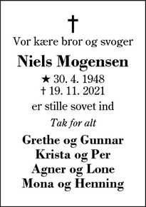 Dødsannoncen for Niels Mogensen - Kibæk