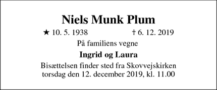 Dødsannoncen for Niels Munk Plum - Charlottenlund
