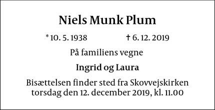 Dødsannoncen for Niels Munk Plum - Charlottenlund