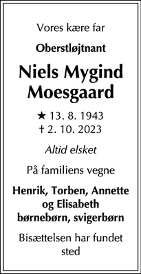 Dødsannoncen for Niels Mygind
Moesgaard - Frederiksberg