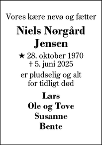 Dødsannoncen for Niels Nørgård
Jensen - Snejbjerg