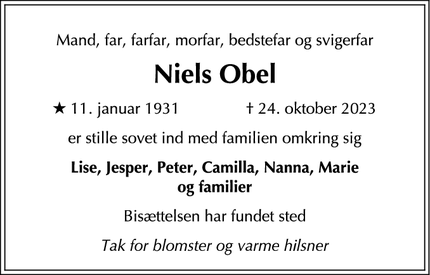 Dødsannoncen for Niels Obel - DRONNINGMØLLE