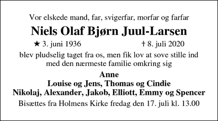 Dødsannoncen for Niels Olaf Bjørn Juul-Larsen - Rungsted Kyst