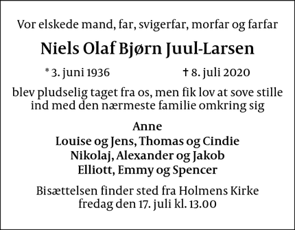 Dødsannoncen for Niels Olaf Bjørn Juul-Larsen - Rungsted Kyst