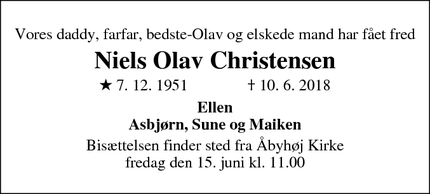 Dødsannoncen for Niels Olav Christensen - Åbyhøj