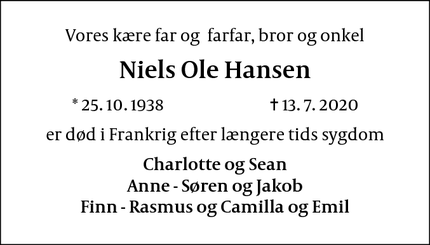Dødsannoncen for Niels Ole Hansen - Pontoux,24110 Grignols, Frankrig