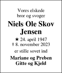 Dødsannoncen for Niels Ole Skov
Jensen - Sunds