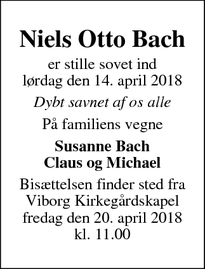Dødsannoncen for Niels Otto Bach - Viborg