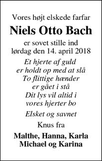 Dødsannoncen for Niels Otto Bach - Viborg