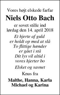 Dødsannoncen for Niels Otto Bach - Viborg