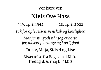 Dødsannoncen for Niels Ove Hass - Nivå