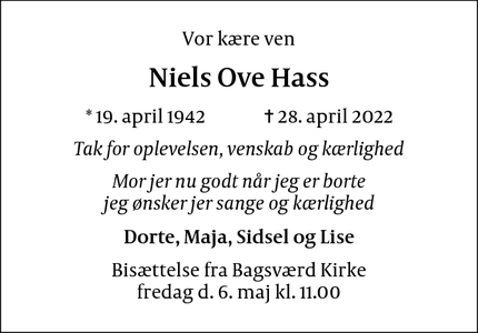 Dødsannoncen for Niels Ove Hass - Nivå