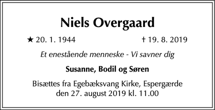 Dødsannoncen for Niels Overgaard - Store Heddinge