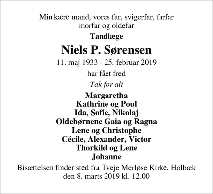 Dødsannoncen for Niels P. Sørensen - Smørum