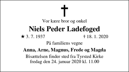 Dødsannoncen for Niels Peder Ladefoged - Horsens