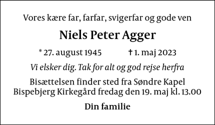 Dødsannoncen for Niels Peter Agger - København