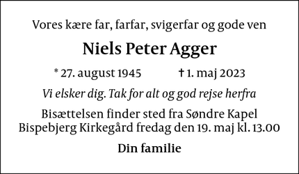 Dødsannoncen for Niels Peter Agger - København