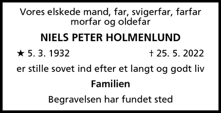 Dødsannoncen for Niels Peter Holmenlund - Hvidovre 