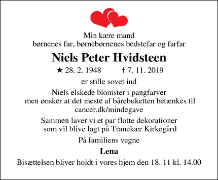 Dødsannoncen for Niels Peter Hvidsteen  - Løsning
